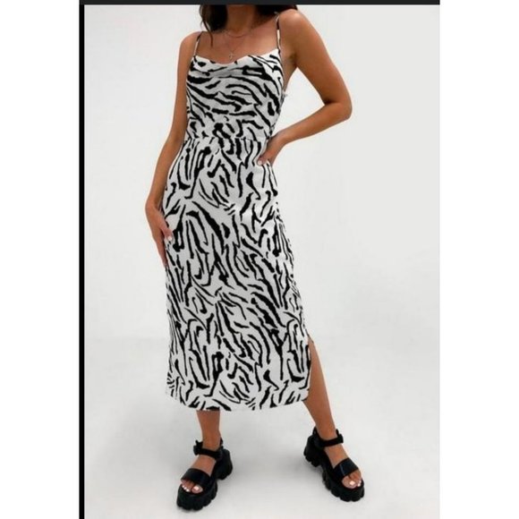 Missguided Dresses & Skirts - Missguided Zebra Midi Slip Dress Size 8 Medium Sleeveless Satin White Black